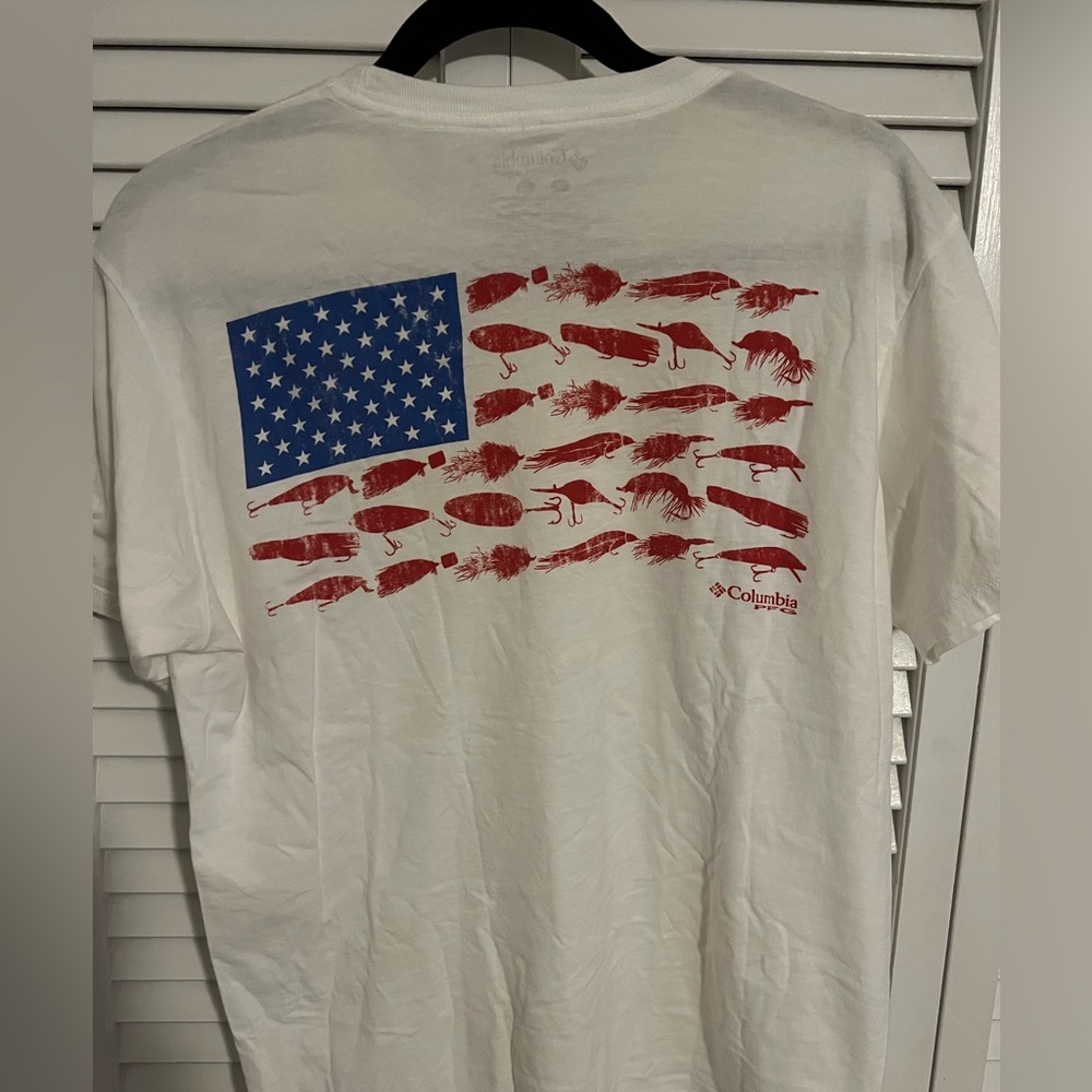 Columbia PFG American Flag SS T-Shirt, Men’s M, White.